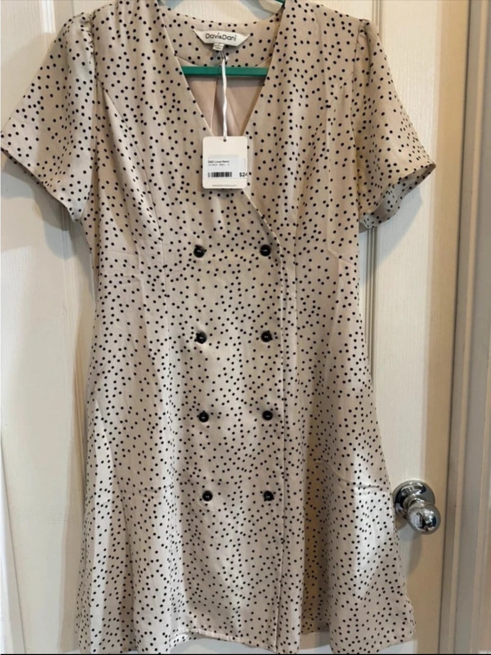 DAVI & DANI Beige and Black Polka Dot Double-Breasted Dress